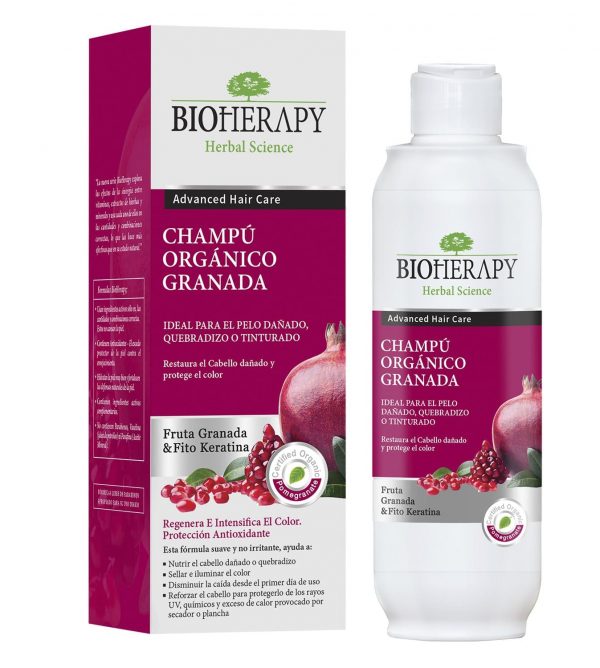 Shampoo de granada orgánico (cabellos dañados o tinturados) Bioherapy 330 ml.