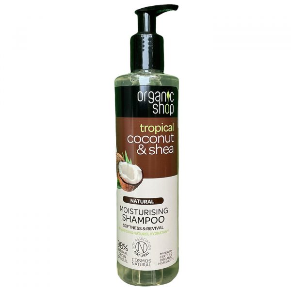 Shampoo hidratante de coco y karité Organic Shop 280 ml.