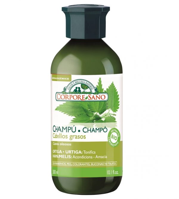 Shampoo para cabello graso de Corpore Sano con ortiga y hamamelis, 300 ml.