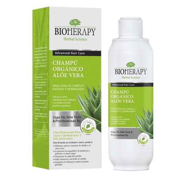 Shampoo aloe vera orgánico para cabello seco o dañado Bioherapy 330 ml.