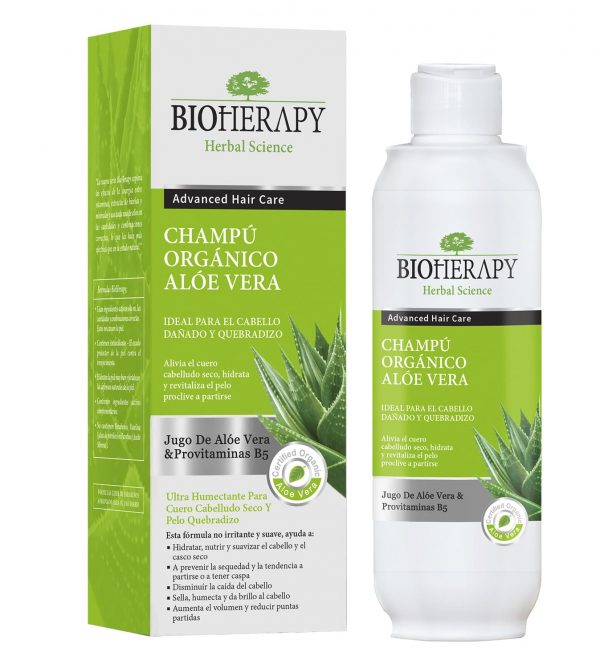 Shampoo aloe vera orgánico para cabello seco o dañado Bioherapy 330 ml.