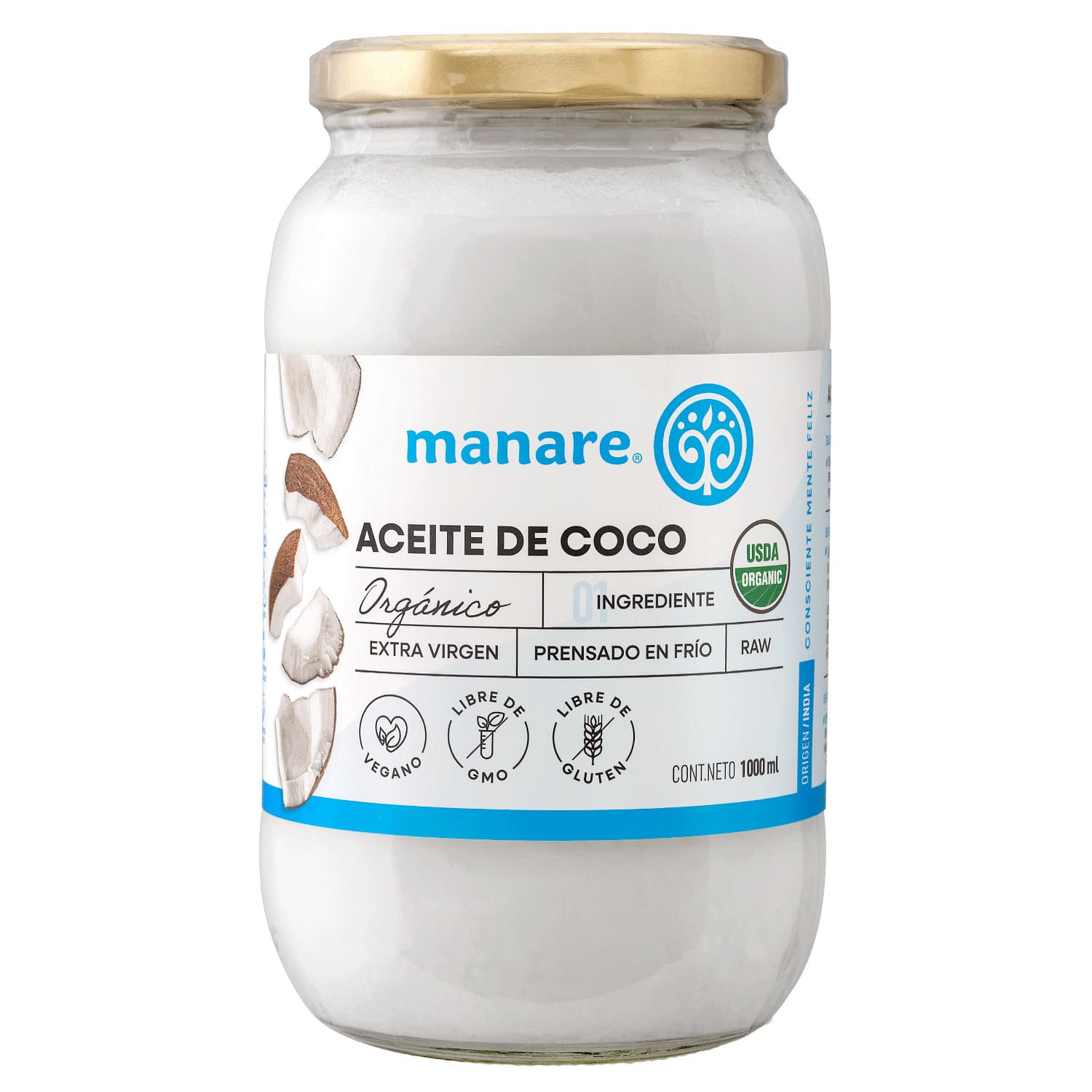 Aceite de Coco Orgánico Prensado En Frío - 1 Litro - Manare