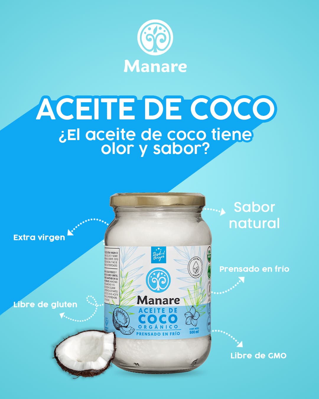Aceite de Coco Orgánico Prensado En Frío - 1 Litro - Manare - Imagen 2