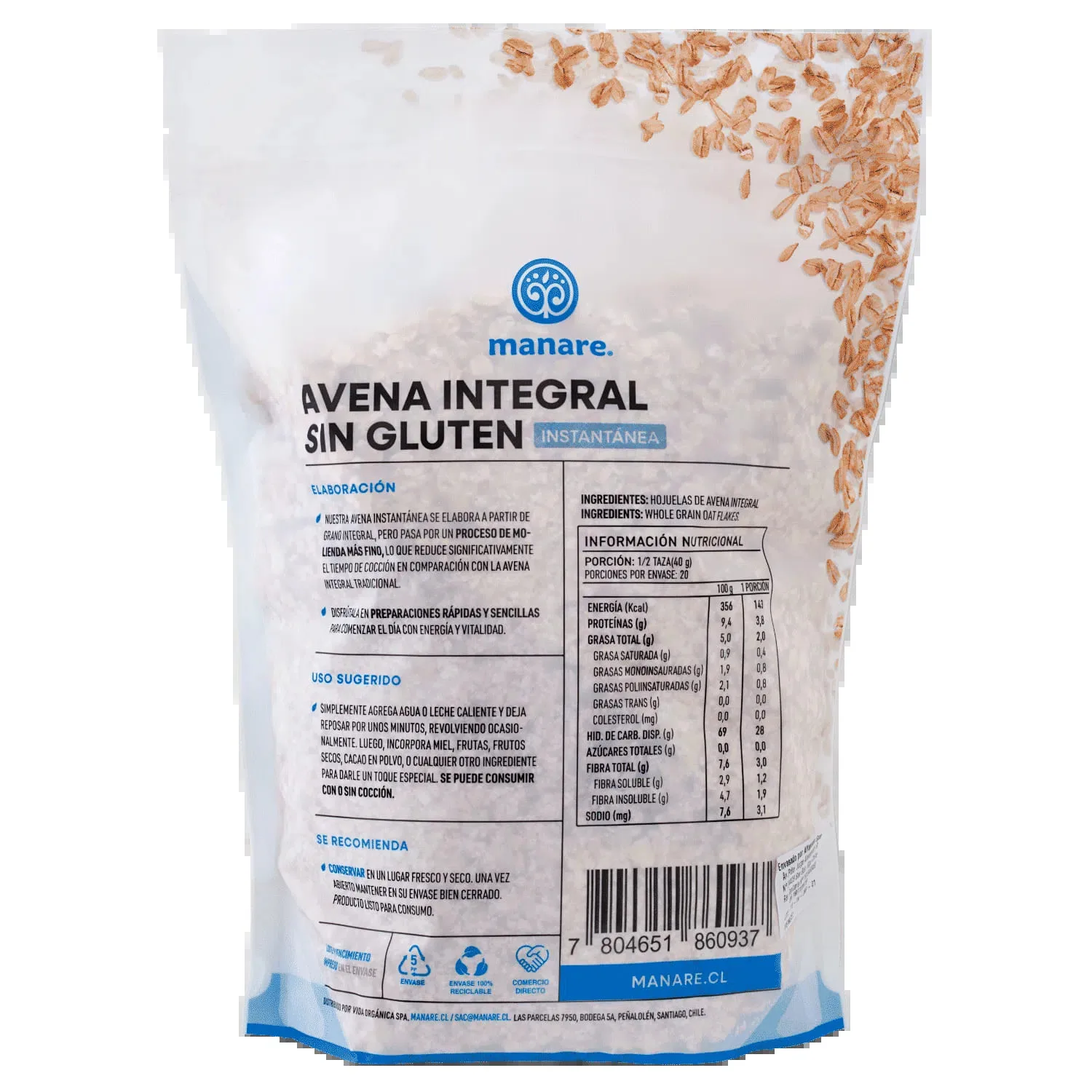 Avena Integral Instantánea Sin Gluten 800g - Manare - Imagen 2
