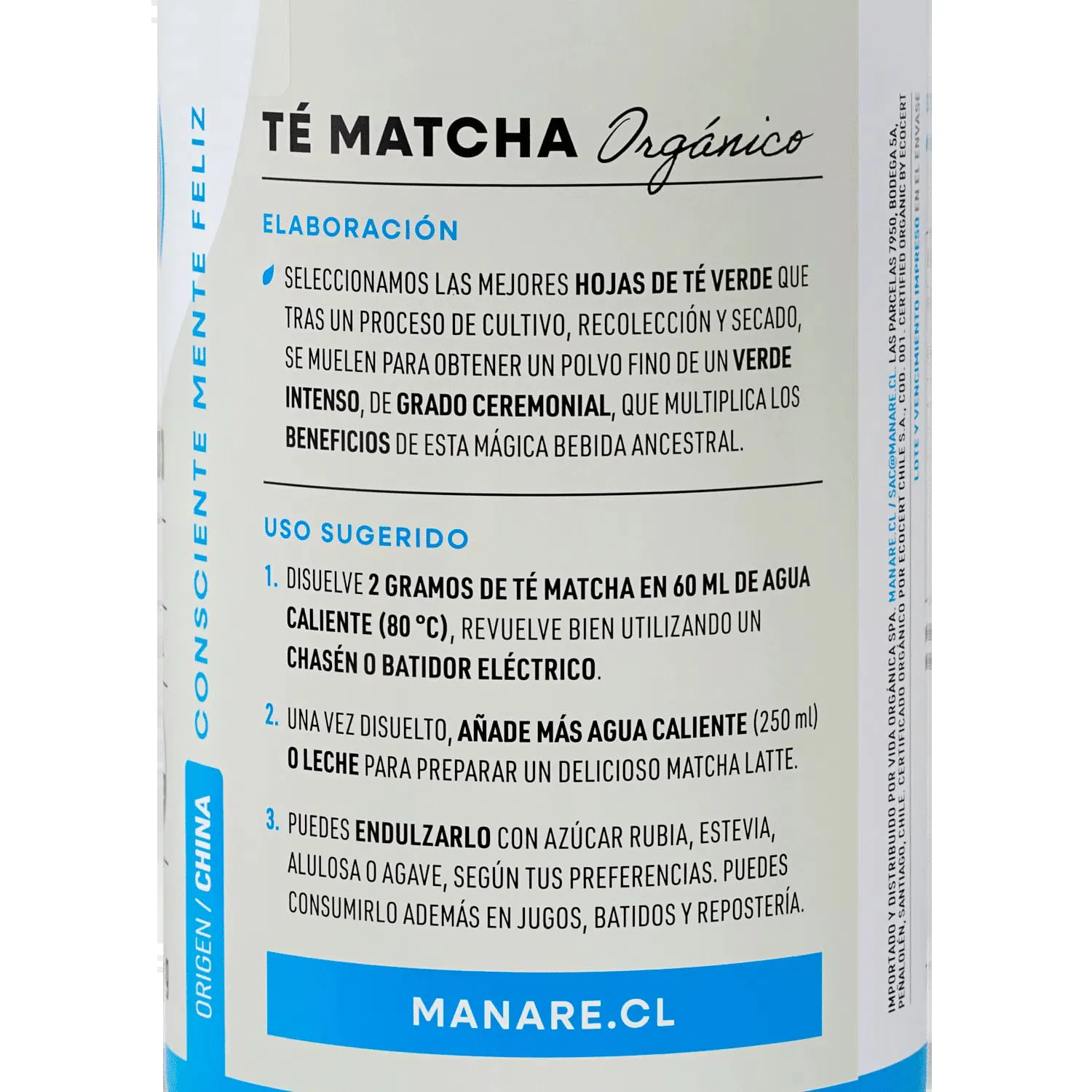 Té Matcha Verde Orgánico En Polvo 100g - Manare - Imagen 2