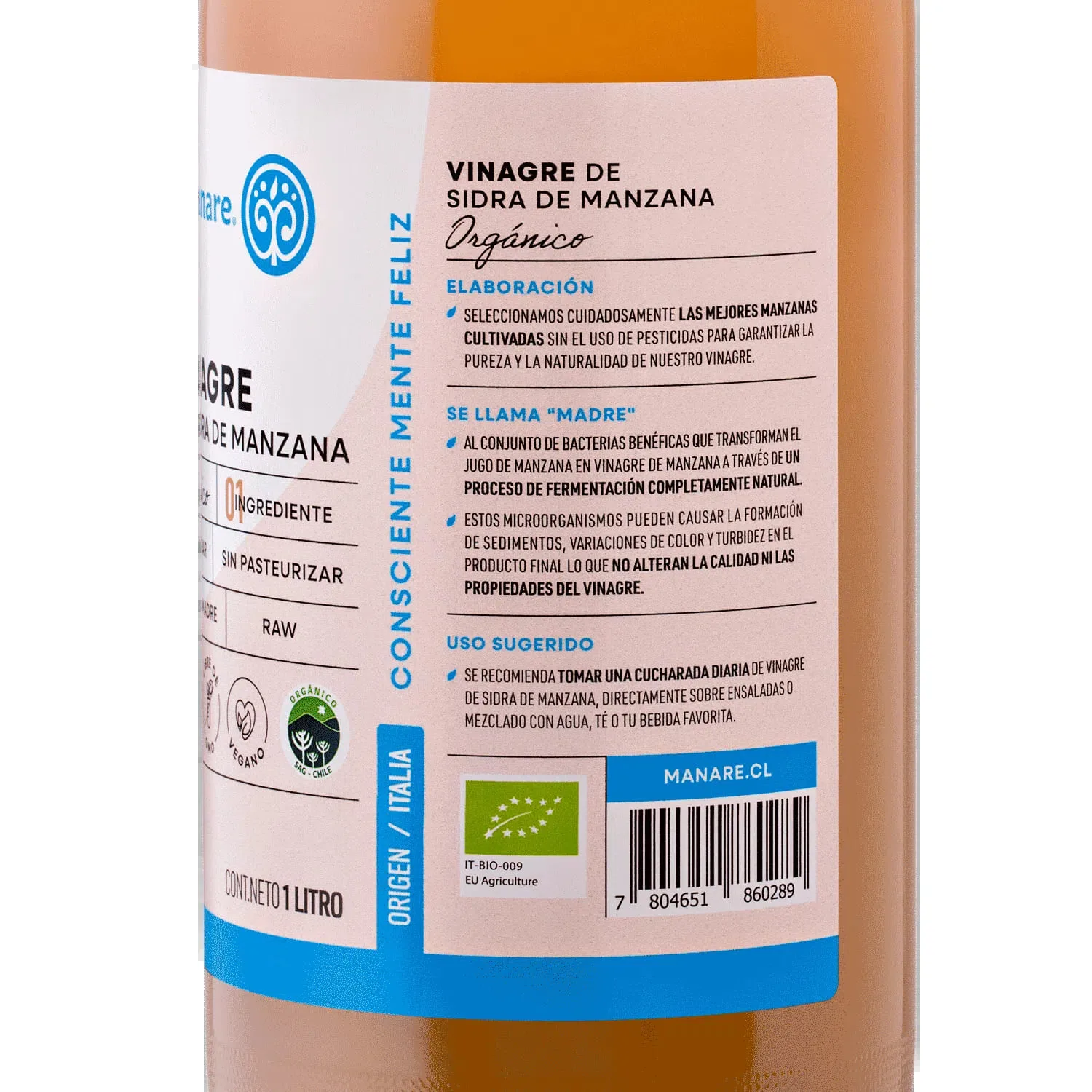 Vinagre de Sidra de Manzana Orgánico - 1 Litro - Manare - Imagen 3