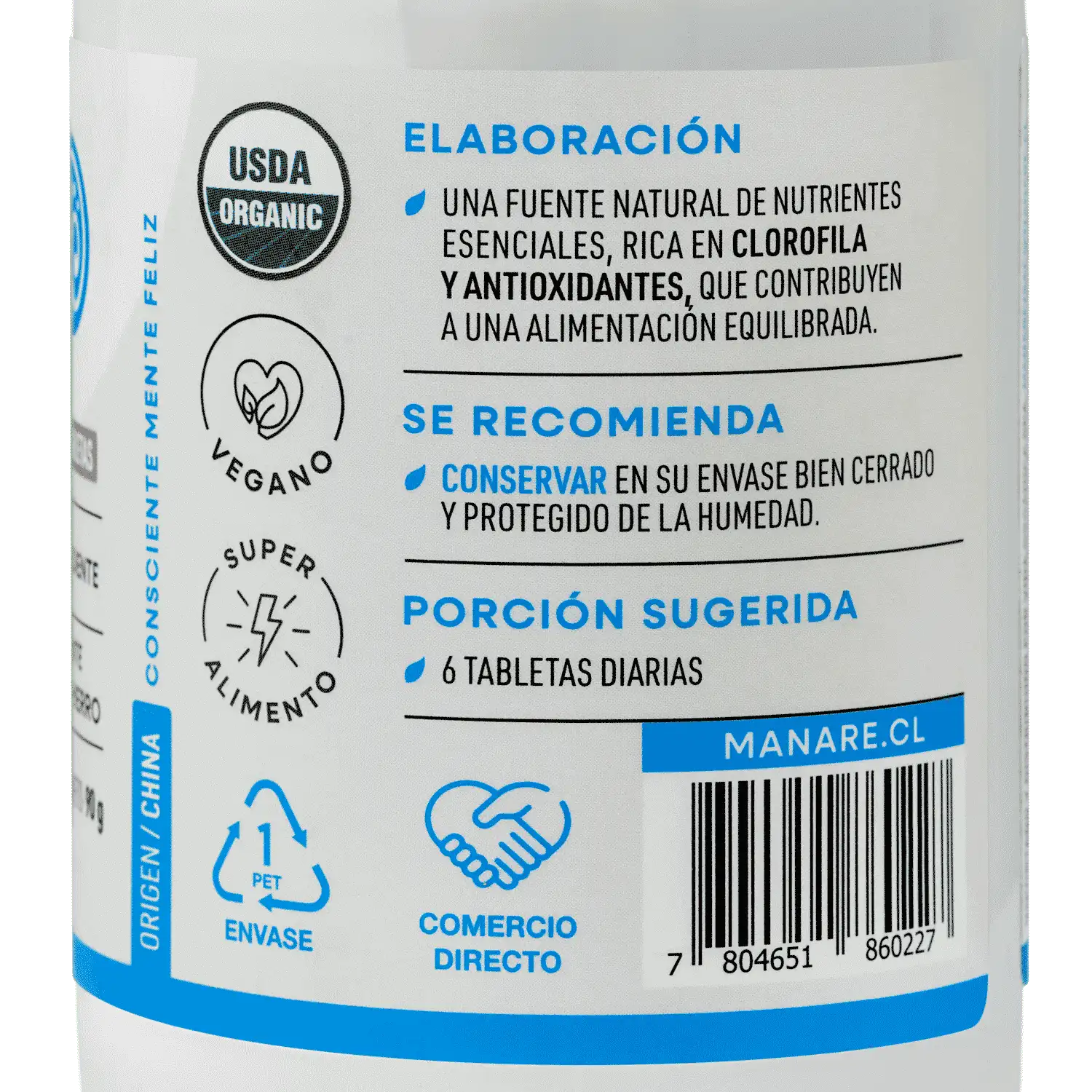 Chlorella Orgánica 180 Tabletas 90g - Manare - Imagen 3