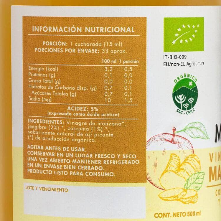 Vinagre De Sidra De Manzana Cúrcuma Y Jengibre 500ml Manare - Imagen 2