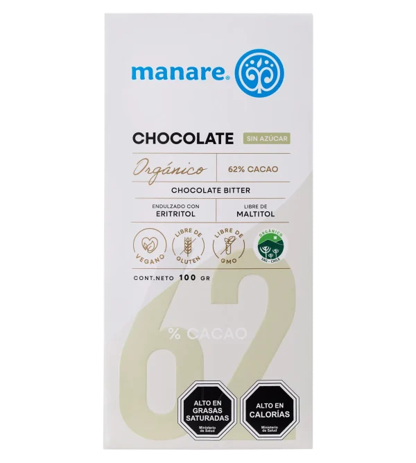 Chocolate 62% Cacao Orgánico 100g Sin Azúcar - Manare