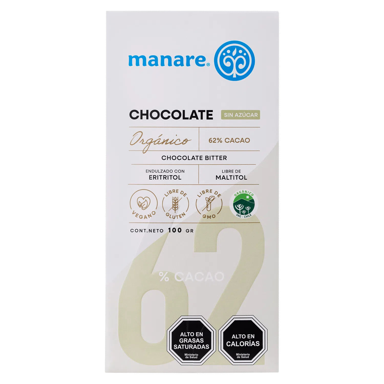 Chocolate 62% Cacao Orgánico 100g Sin Azúcar - Manare