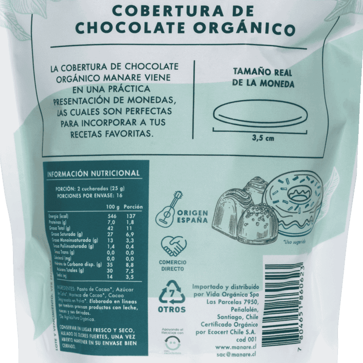 Cobertura De Chocolate 70% Cacao Orgánico 400g - Manare - Imagen 2
