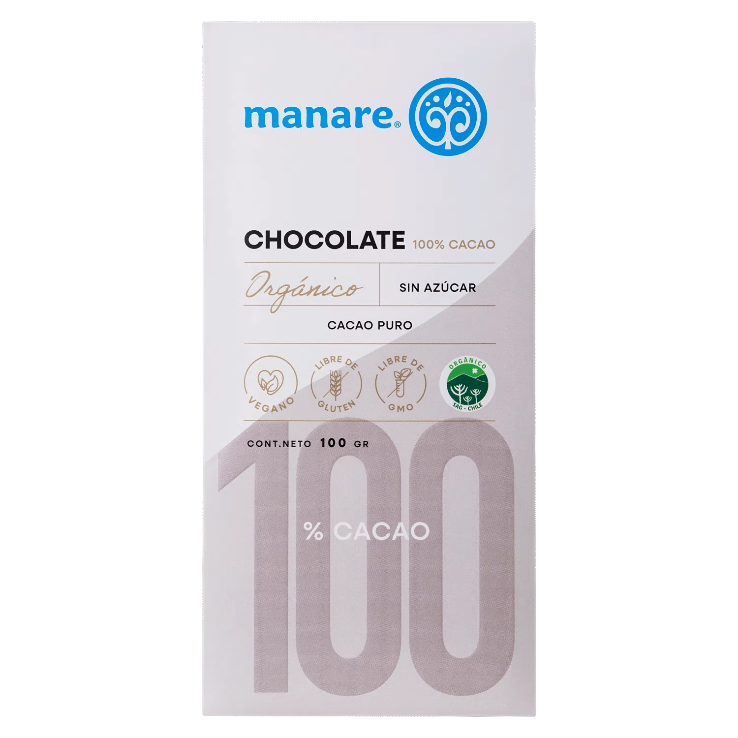 Chocolate 100% Cacao Orgánico 100g Sin Azúcar - Manare