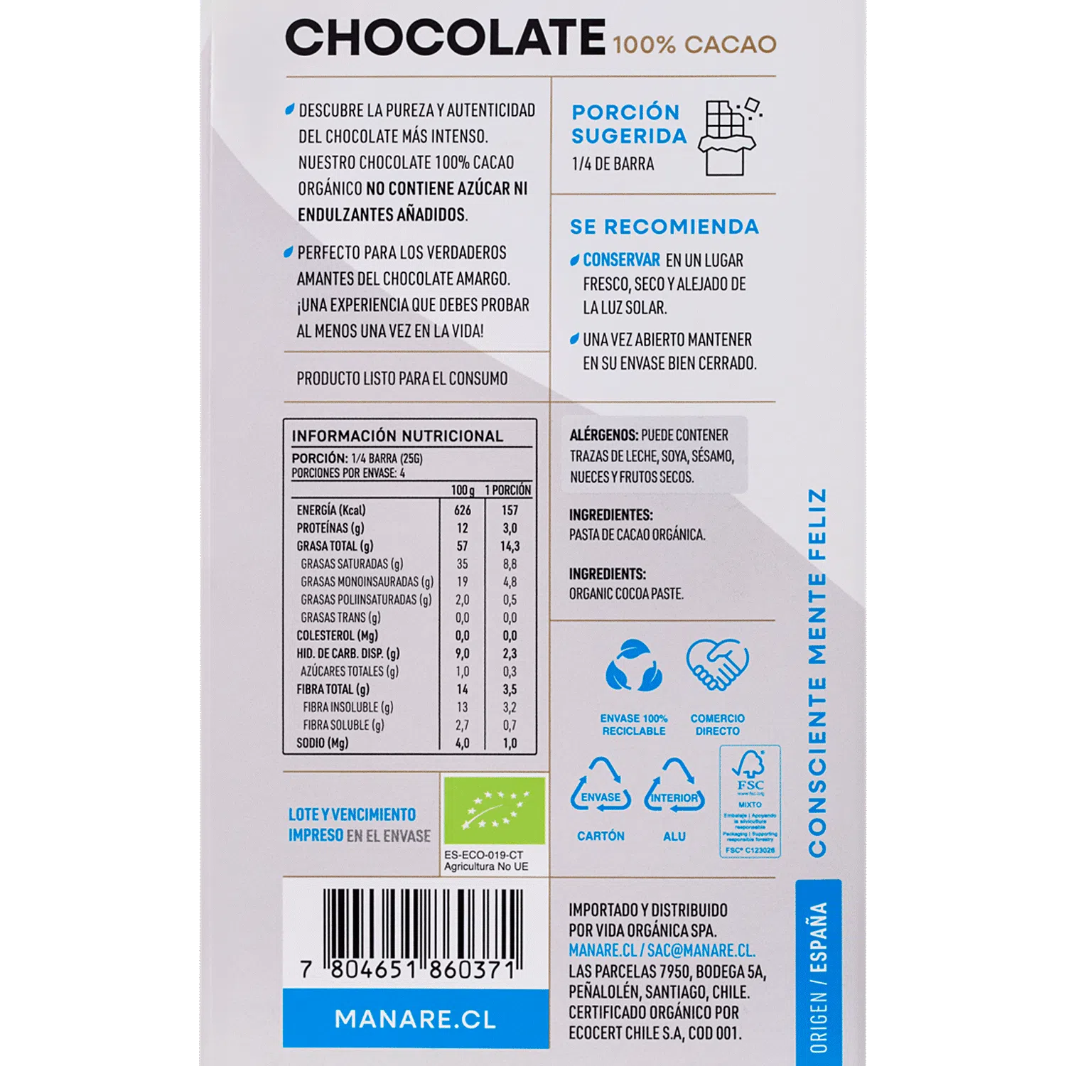 Chocolate 100% Cacao Orgánico 100g Sin Azúcar - Manare - Imagen 3