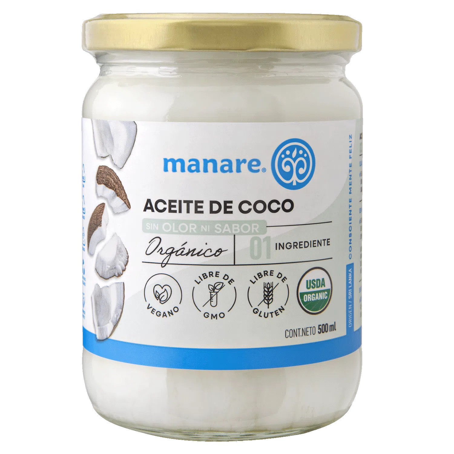 Aceite De Coco Orgánico Prensado En Frío - 500ml - Manare