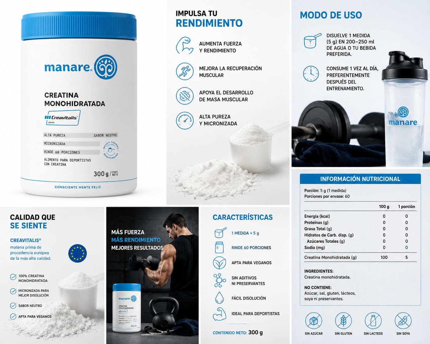Creatina Monohidratada y Micronizada Creavitalis 300g Manare - Imagen 8