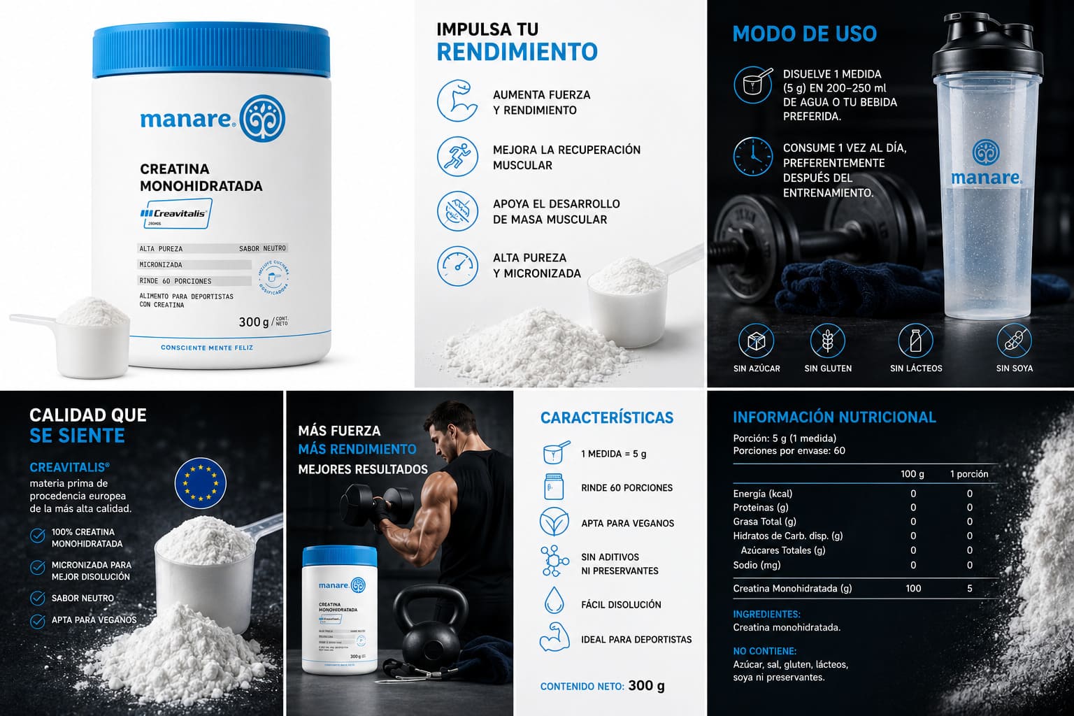 Creatina Monohidratada y Micronizada Creavitalis 300g Manare - Imagen 6